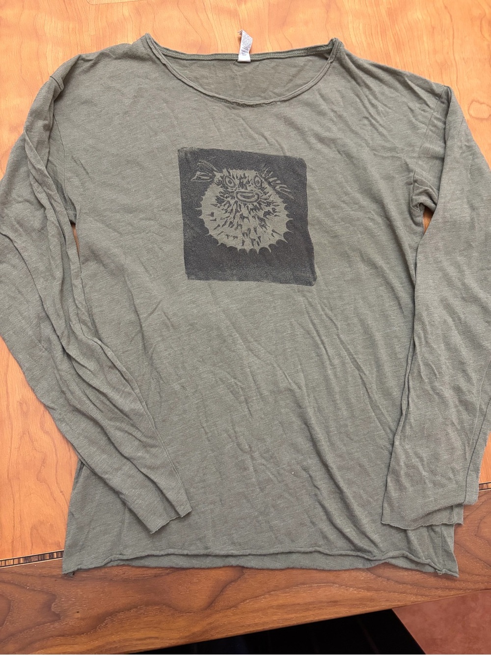 Olive Green Long Sleeve Shirt with Pufferfish Graphic
